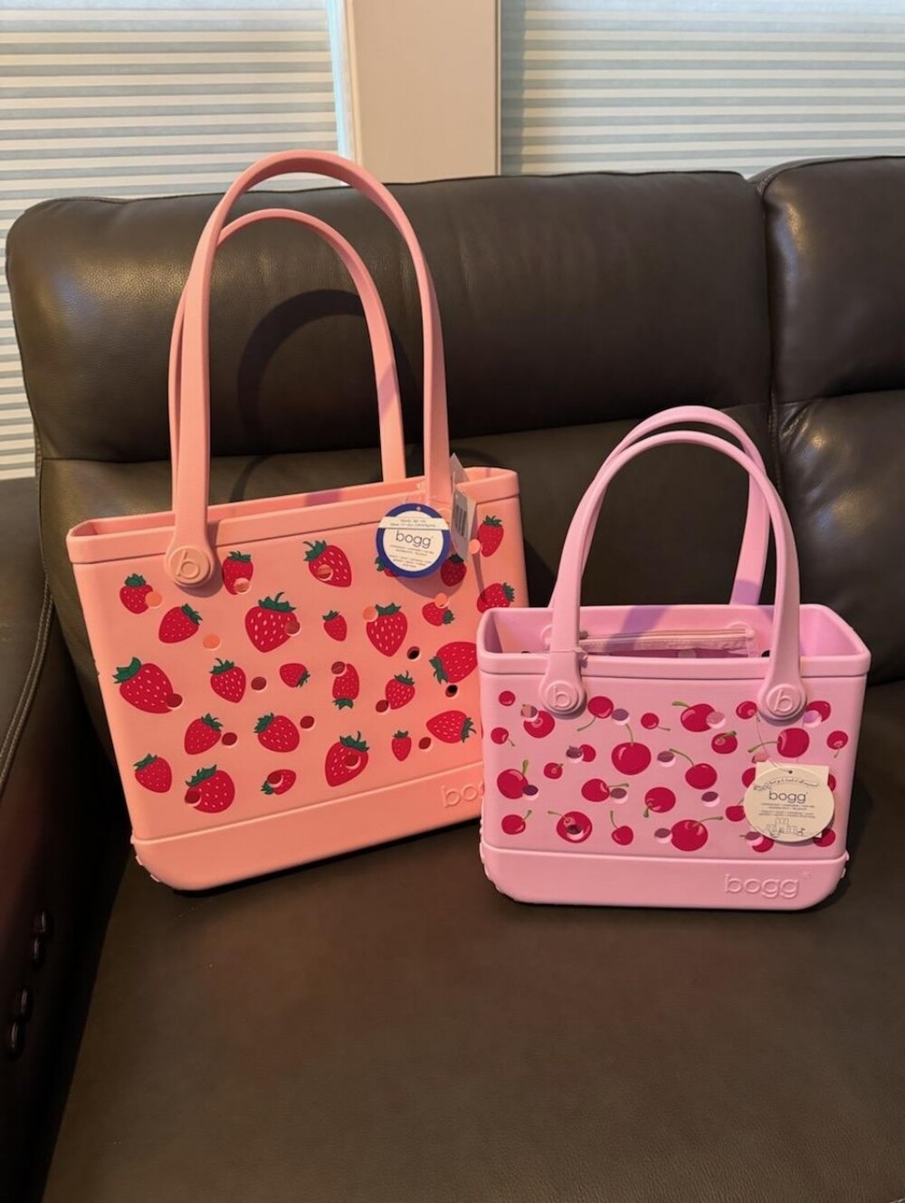 2 piece Bogg Bag Pink Cherry Tote in small Bitty and Pink strawberry medium 15"